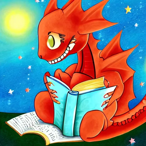 Image similar to cute dragon reading book under the stars, digital art