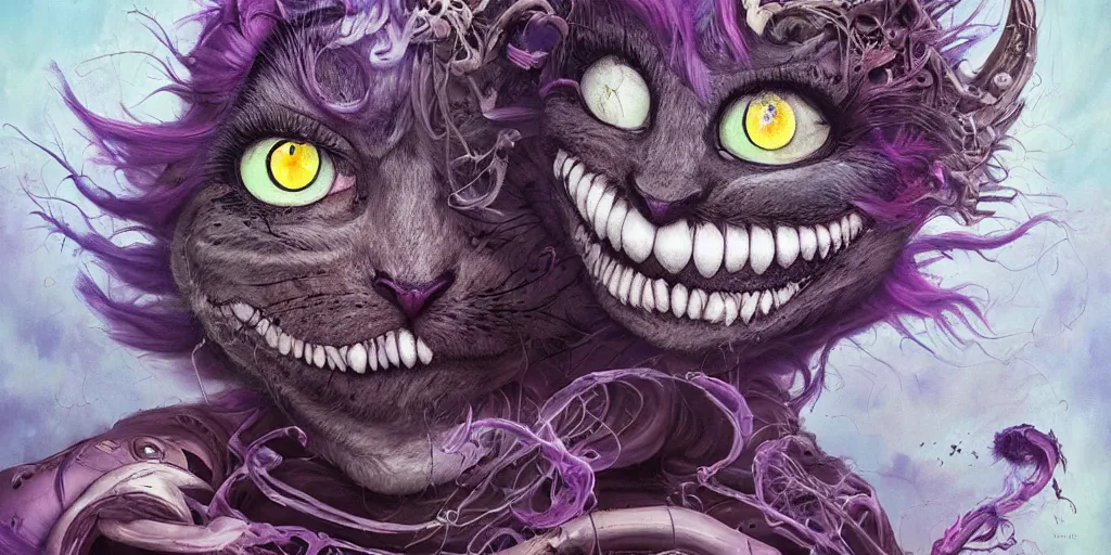 Image similar to dream portrait of Cheshire Cat from Alice in Wonderland,full character, melting ,8k,by tristan eaton,Stanley Artgermm,Tom Bagshaw,Greg Rutkowski,Carne Griffiths, Ayami Kojima, Beksinski, Giger,trending on DeviantArt,face enhance,hyper detailed,minimalist,horror, android, full of colour