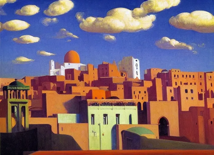 Image similar to old moroccan city, clouds, bird, open ceiling, strange foreign objects, oil painting by edward hopper, chirico and rene magritte