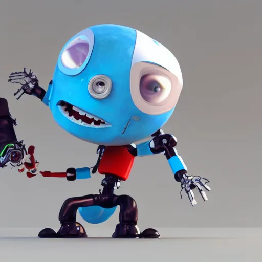 Image similar to a cool mechanic robot chick, with a tv head and gears and bolts everywhere on its body, doing karate moves in the air and swinging an electric guitar, 3 d render by pixar and disney