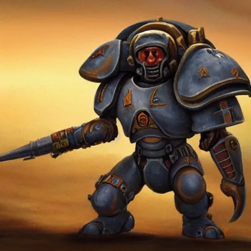 Image similar to Dachshund as a space marine from Starcraft 2 standing on a hill with a heroic pose concept art