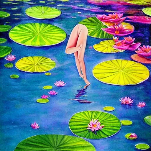 Prompt: girl floating in water, with waterlily flower, bright colours, painting, detailed, magical environment, peaceful, beautiful, artwork