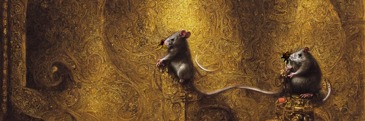 Prompt: a rat sitting on a rood in paris, bright colorful, gold, hyperdetailed, artstation trending, world renowned artists, worth1000.com, historic artworks society, antique renewel, cgsociety, by greg rutkowski, by Gustave Dore, Deviantart