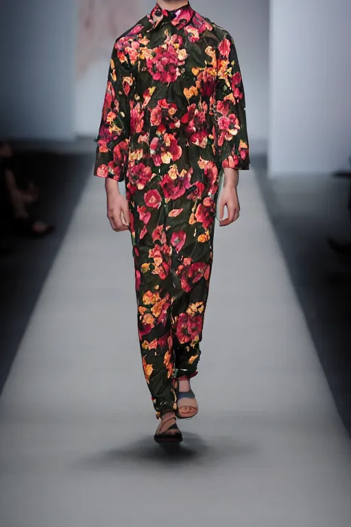 Prompt: man with a flower dress on a catwalk