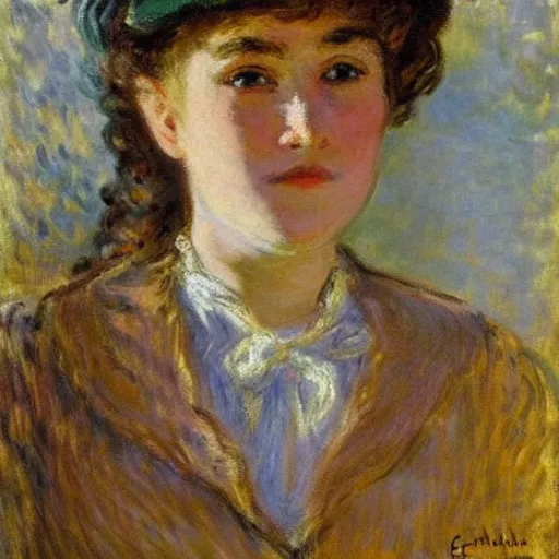 Image similar to 19th century portrait by Claude Monet!!!! of a young woman!!, looking at us!!, sunlight! oil painting-H 768