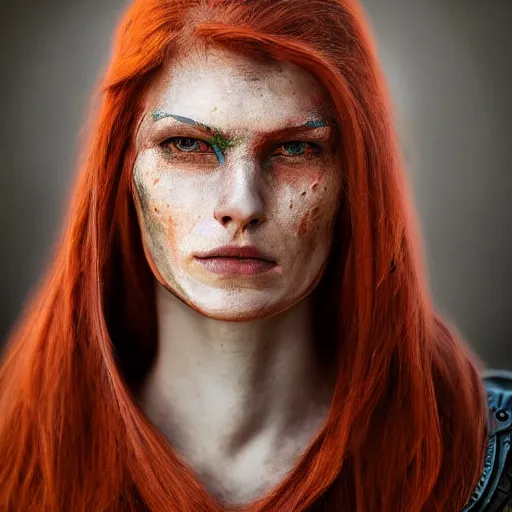 Prompt: a rustic woman wearing futuristic armor, detailed face, redhead, by gutty kreum