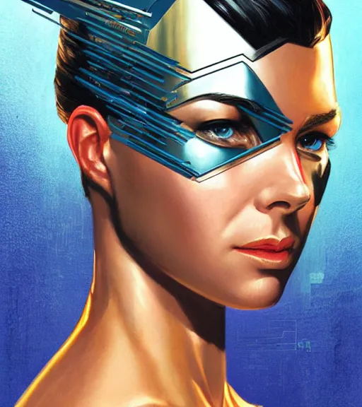 Prompt: portrait of a female android, by MARVEL comics and Sandra Chevrier, 4k