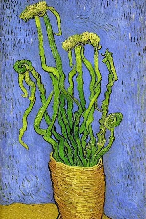 Image similar to Fiddleheads, painted by Vincent Van Gogh (1890), oil on canvas, detailed brushstrokes