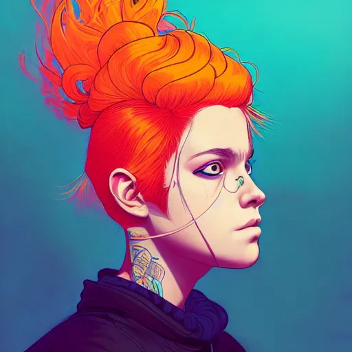 Image similar to portrait painting of a teenage girl with swept back wild orange hair and punk clothes, sharp focus, award - winning, trending on artstation, masterpiece, highly detailed, intricate. art by josan gonzales and moebius and deathburger