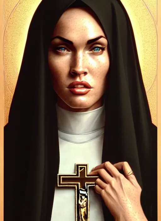 Prompt: portrait of megan fox as a nun, catholic, church, bible, christian, intricate, headshot, highly detailed, digital painting, artstation, concept art, sharp focus, cinematic lighting, illustration, art by artgerm and greg rutkowski, alphonse mucha, cgsociety