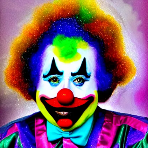 Image similar to UHD photorealistic Cosmic Einstein wearing a clown costume with real clown makeup in the style of tonalism