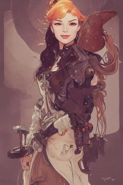 Prompt: ariel disney steampunk half - cyborg cowgirl, pelt coats, high fantasy, dnd, smooth, sharp focus, illustration, highly detailed, digital painting, artstation, concept art, by rossdraws, alphonse mucha, frank fanzzeta, collectible card art