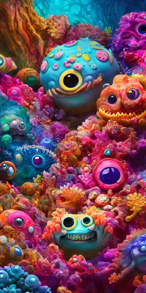 Image similar to of a colorful under water cave with strange cute friendly happy creatures with huge eyes, mouth, long tongue and round teeth appearing from sandy coral, in the style of gehry and gaudi, macro lens, shallow depth of field, ultra detailed, digital painting, trending artstation, concept art, illustration, cinematic lighting, photorealism, epic, octane render