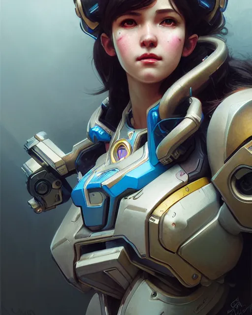 Image similar to d. va from overwatch, character portrait, portrait, close up, concept art, intricate details, highly detailed by greg rutkowski, michael whelan and gustave dore