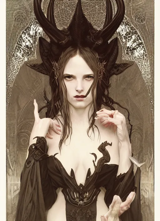 Image similar to a beautiful illustration of a satanic witch with horns in head, intricate, sharp focus, illustration, highly detailed, digital painting, concept art, matte, art by wlop and artgerm and greg rutkowski and alphonse mucha, masterpiece