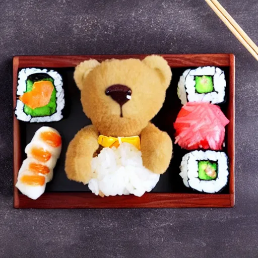Prompt: teddy bear eating sushi