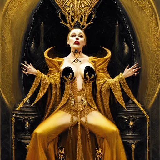 Image similar to perfectly centered portrait of attractive vampire queen in gold gothic robe sitting on a throne of black bones, painting by gaston bussiere, craig mullins, j. c. leyendecker, 8 k, mid shot