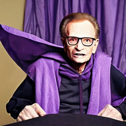 Prompt: larry king wearing a purple cloak like skeletor mad - magazine