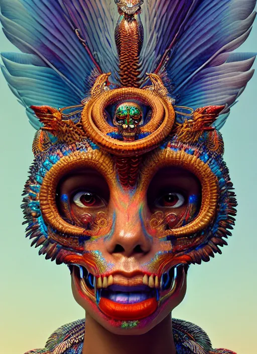 Image similar to a wlop 3 d portrait of a goddess, 8 k micro details beautiful intricate highly detailed quetzalcoatl skull and feathers. fire, galaxy, artwork by tooth wu and wlop and beeple and greg rutkowski, trending on artstation,