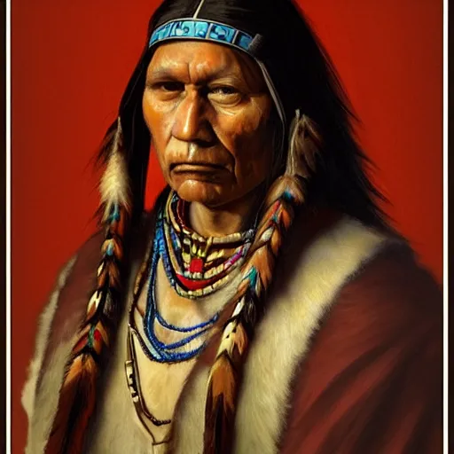 Prompt: renaissance portrait painting of a native american, artstation