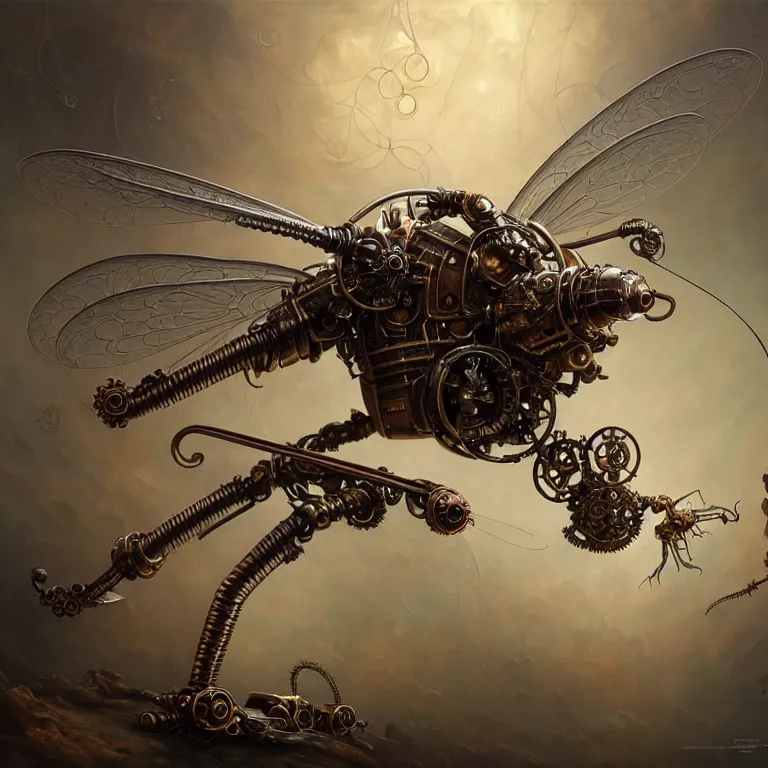 Image similar to steampunk robot mosquito, unreal engine realistic render, 8 k, micro detail, intricate, elegant, highly detailed, centered, digital painting, artstation, smooth, sharp focus, illustration, artgerm, tomasz alen kopera, peter mohrbacher, donato giancola, joseph christian leyendecker, wlop, boris vallejo