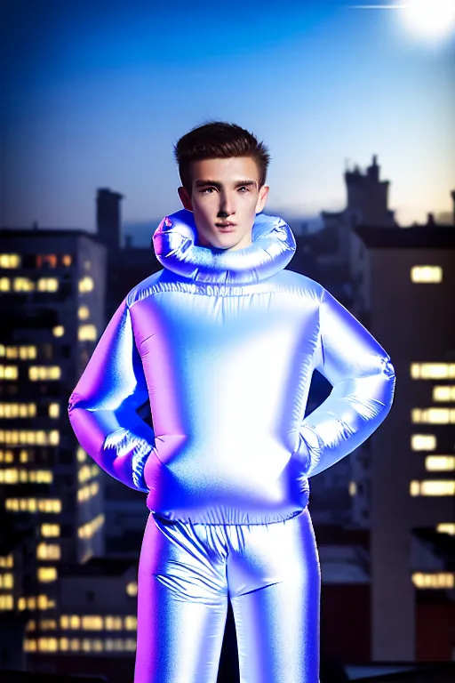 Image similar to un ultra high definition studio quality photographic art portrait of a young man standing on the rooftop of a british apartment building wearing soft baggy inflatable padded silver iridescent pearlescent clothing. three point light. extremely detailed. golden ratio, ray tracing, volumetric light, shallow depth of field. set dressed.