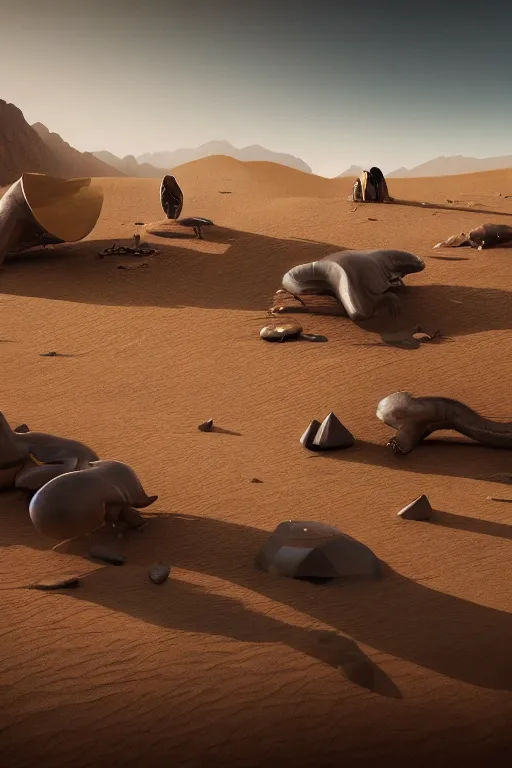 Image similar to 🦕 🐋🤖👽🐳 in desert, photography by bussiere rutkowski andreas roch, octane render, 1 6 k