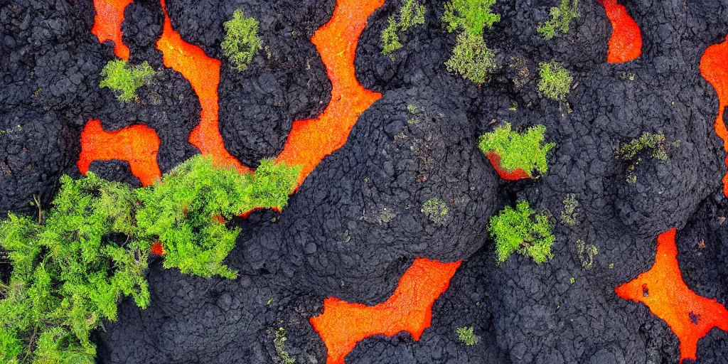 Prompt: old black volcanic lava meets the new bright orange lava on the edge, bright green fern leaves growing through the lava, aerial photo