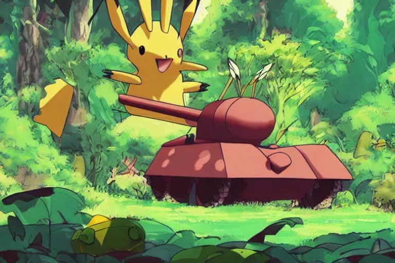 Image similar to colorful pokemon that looks like a military tank, lush jungle scene, post apocalyptic, shot on film, art by studio ghibli