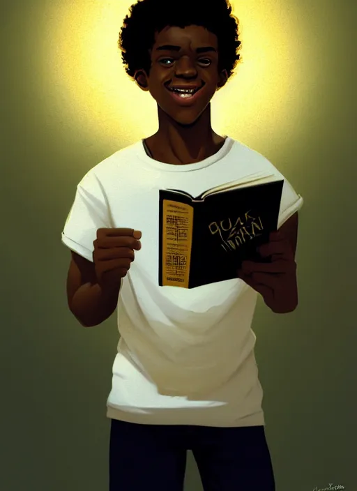 Image similar to portrait of teenage chuck clayton, black teenage boy, very short curly hair, very short hair, square jaw, slight excited smile, reading archie comic book, intricate, elegant, glowing lights, highly detailed, digital painting, artstation, concept art, smooth, sharp focus, illustration, art by wlop, mars ravelo and greg rutkowski