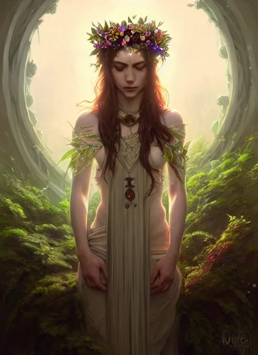 Image similar to a beautiful cinematic female druid goddess, flower Crown, galatic shamen with Quantum energy fantasy, fantasy magic, undercut hairstyle, dark light night, intricate, elegant, sharp focus, illustration, highly detailed, digital painting, concept art, matte, art by WLOP and Artgerm and Greg Rutkowski and Alphonse Mucha, masterpiece