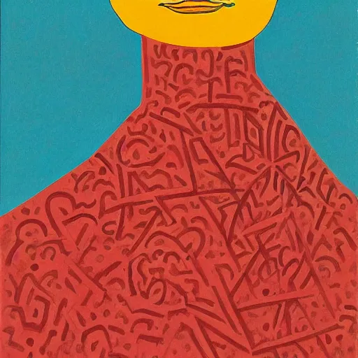 Image similar to A beautiful illustration. She has deeply tanned skin that makes me think of Oort, an almond Asian face and a compact, powerful body. magenta, 1970s by Ben Shahn, by Etel Adnan rich details, unnerving