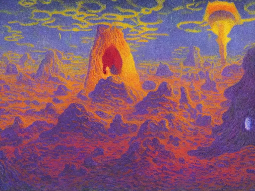 Image similar to study of the psychedelics dream bot mothership over the sublime sacred rock. painting by monet, bosch, wayne barlowe, agnes pelton, rene magritte