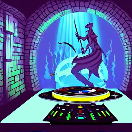 Image similar to fantasy painting of a dj set with turntable in a fantasy dungeon in the style of dnd,