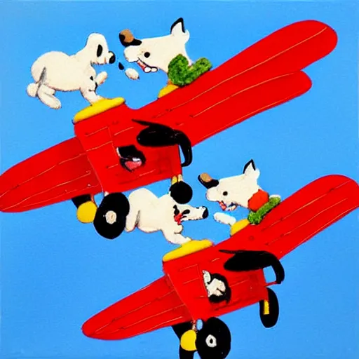 Prompt: 3 toy fox terriers flying a biplane, wearing red scarves flapping in wind, dramatic oil painting, snoopy the dog, style of charlie brown, aperture gradient