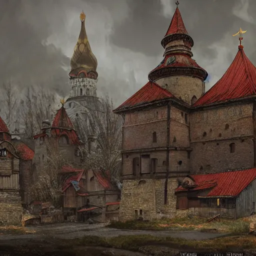 Image similar to photo ancient Slavic Russian city of Kitezh, concept art, painting by Viktor Vasnetsov, magical city, fantasy cityscape, ancient Slavs, wooden buildings, ancient Russian architecture, terem, hyperborea, top cinematic lighting , cinematic mood, very detailed, shot in canon, 8k, high resolution