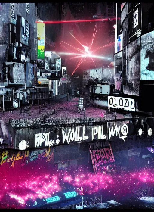 Image similar to pink floyd playing the wall live in a post apocalyptic times square, laser show, realistic, cinematic, 3d render, post produced