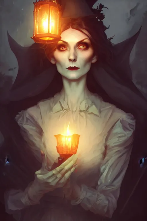 Image similar to portrait of a ghoulish victorian witch dark cheekbones holding a lantern, halloween night, charlie bowater, artgerm, ilya kuvshinov, krenz cushart, ruan jia, realism, ultra detailed, 8 k resolution