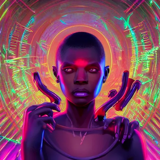 Image similar to african neon necromancer, science fiction, highly detailed, digital painting, beautiful eyes, symmetry, concept art, sharp focus, illustration, global illumination, radiant light, synthwave colors, detailed and intricate environment, art by artgerm and greg rutkowski and magali villeneuve and ilya kuvshinov!