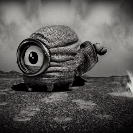 Image similar to Minion, George Miller, Photorealistic, desert, post apocalyptic, fire, dust, black and white