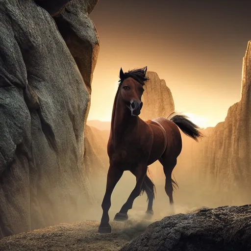 Image similar to spirit, the brown wild horse with white pastern flexion from the spirit movie, with the young girl lucky on his back galloping next to a canyon into the sunset, movie poster, intricate detail, 8 k, trending on artstation, octane render