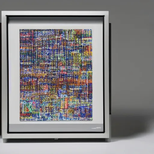 Prompt: a machine that mass produces modern art, product photo