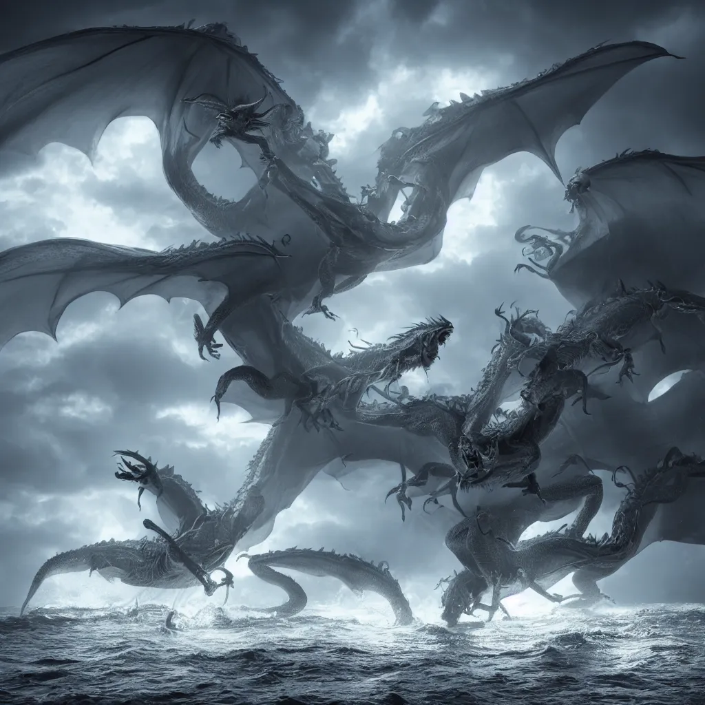 Image similar to a dragon with three heads emerging from the ocean during a storm, dramatic lighting, cinematic, high coherence, hyperrealistic, anatomically correct, path traced, highly detailed, high quality, 8 k hdr, octane render, unreal engine 5, trending on artstation, epic image, turbulent sea, concept art, digital art