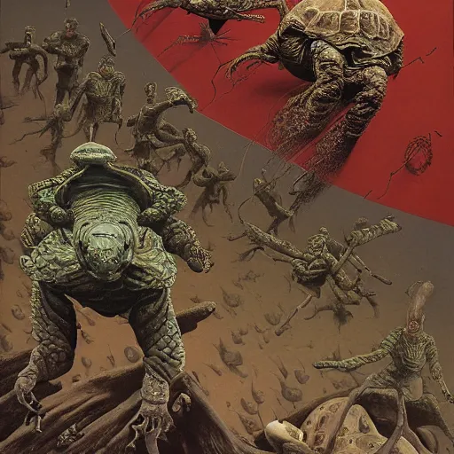 Prompt: senior genetically engineered ninja tortoises, weapons floating in the air, dark energy portals. cinematic horror by chris cunningham, junji ito, aleksandra waliszewska, richard corben, norman rockwell, highly detailed, vivid color, beksinski painting, part by adrian ghenie and gerhard richter. art by takato yamamoto. masterpiece