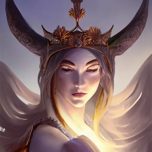 Prompt: Artemixel, the modern reincarnation of the old selenium god of hunt, also known as Artemis the Selene, carrying the celebrated Crown of the Crescent Moon, wich its usual bright and slightly bluish crescent like the brightness of the night. Portrait by Andreas Rocha, intricate and highly detailed concept art