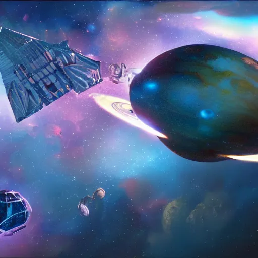 Image similar to an artist's rendering of a brown coconut satellite in space, orchids flowers galaxy, a digital rendering by carl eugen keel, john berkey, featured on cg society, space art, redshift, cinematic, octane render, back light, anamorphic lens flare, colorful, epic reimagined by industrial light and magic