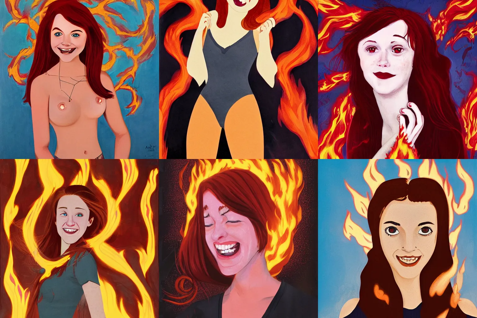 Prompt: a red haired brown eyed teenage girl surrounded by rings of flames and wisps of fire smiling maliciously. By Austin Briggs