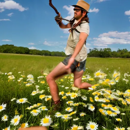 Image similar to indiana jones, frolicking through daisies