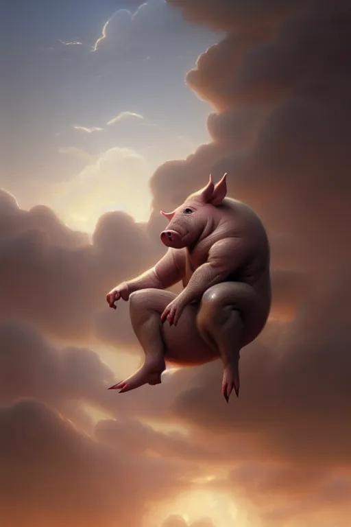 Prompt: Pig mixed with a greek god sitting in the clouds, very detailed, dramatic lighting, electrical details, high details, 4k, 8k, trending on artstation, by Greg Rutkowski, Wayne Barlowe, Hajime Sorayama and Boris Vallejo