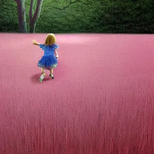 Prompt: little girl chasing a puppy running through a field of pink grass, hyper realistic, extremely detailed, side lighting